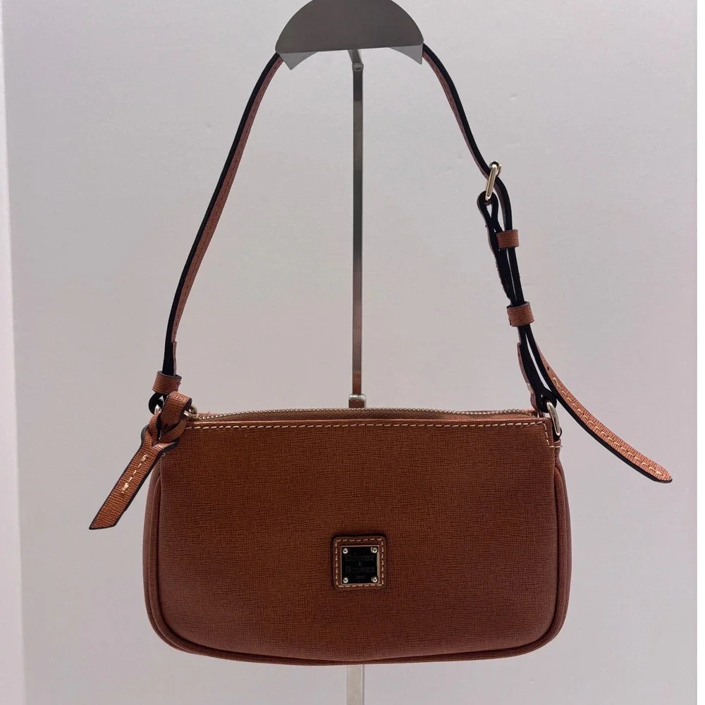 Dooney & Bourke Saffiano Leather Baguette Shoulder Bag Brown Caramel Small